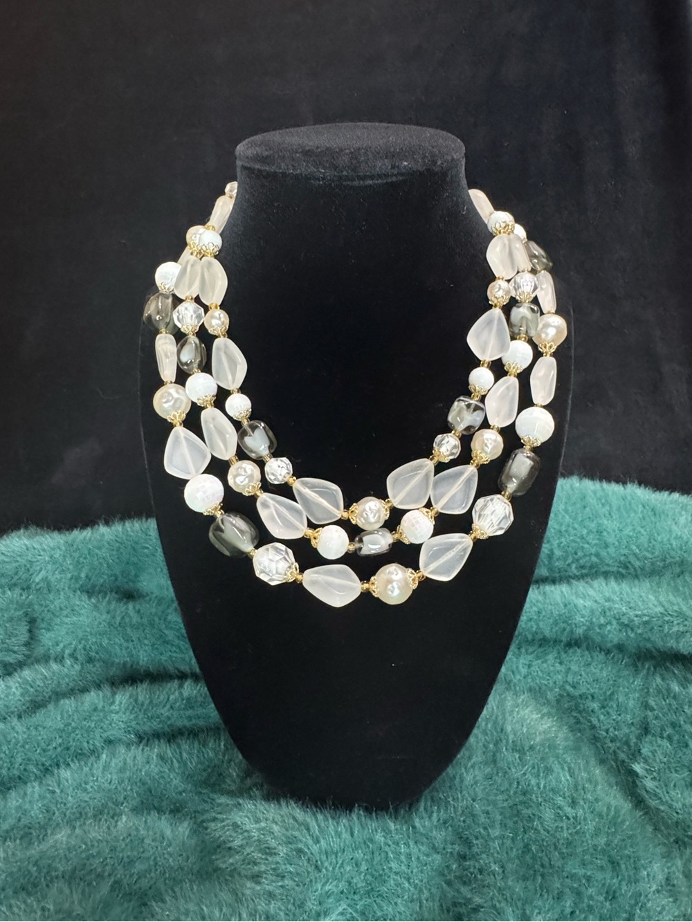 Vintage West Germany White & Gold Beaded Statement Necklace